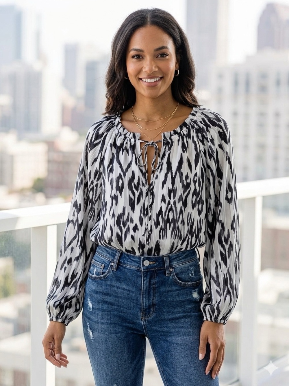 Women’s Black and White Ikat Printed Peasant Blouse- Size Medium